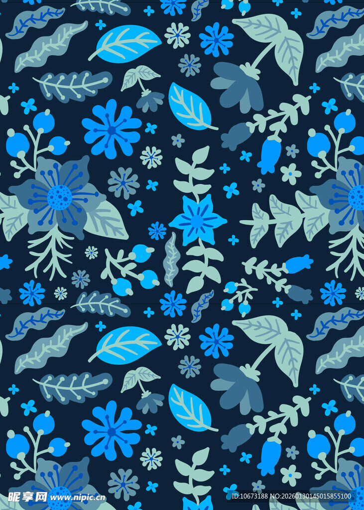 蓝色花卉鸟类图案布料