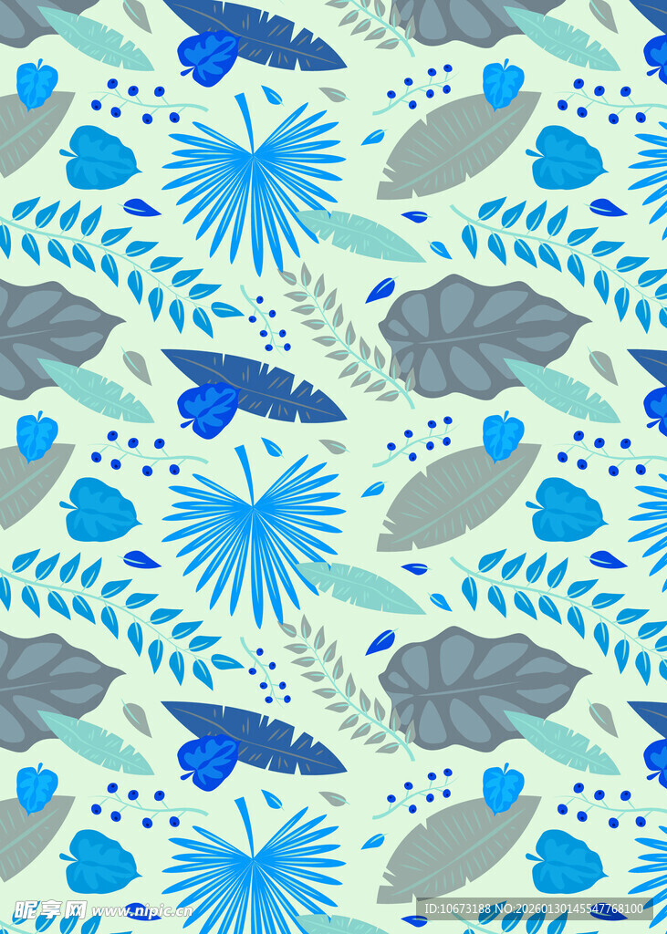 蓝灰调热带植物图案背景