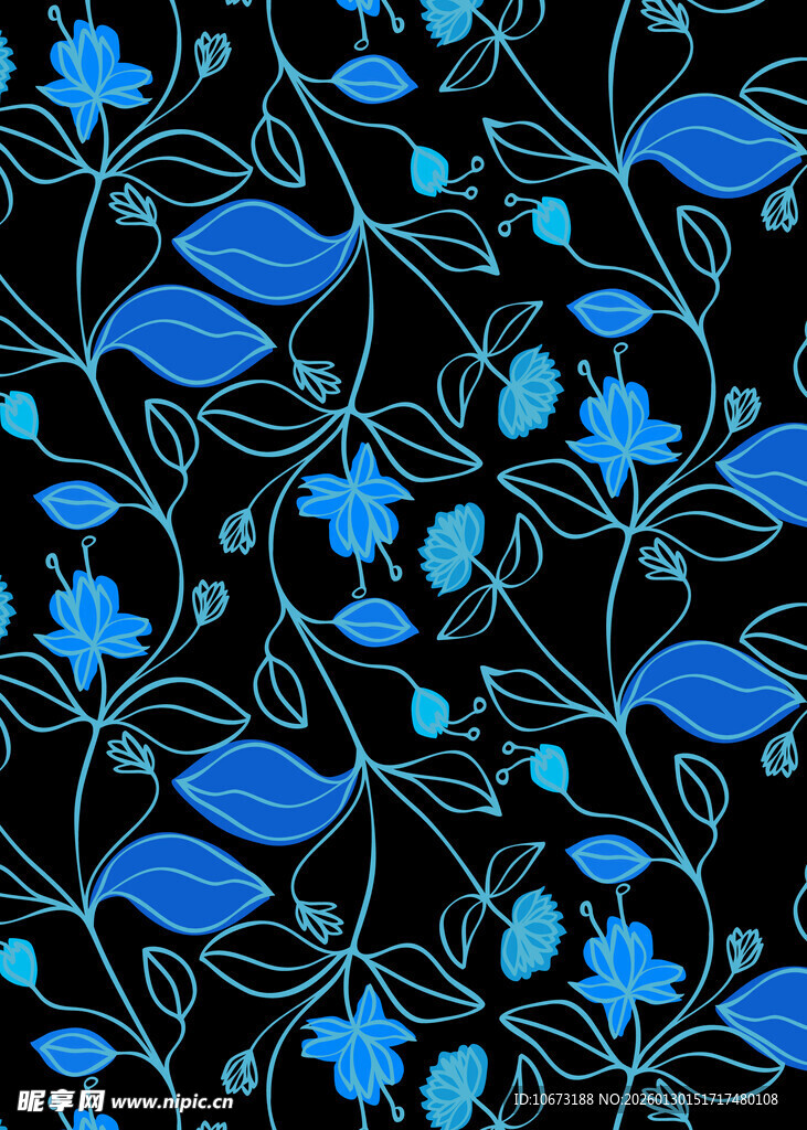 黑色背景蓝花绿叶图案
