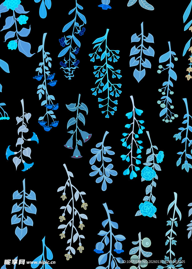 蓝叶黑底花卉图案纹理