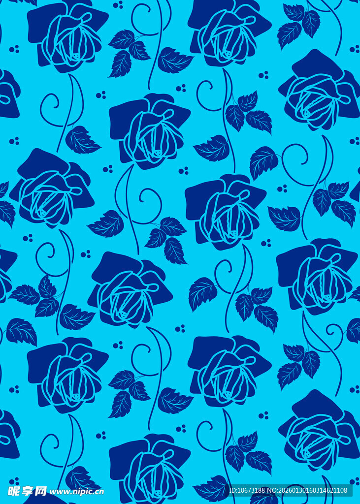 蓝色玫瑰花卉无缝图案