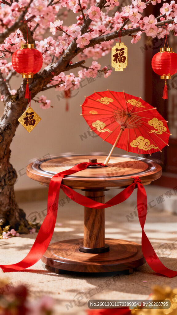 新年 转盘 飘带 红伞 梅花树