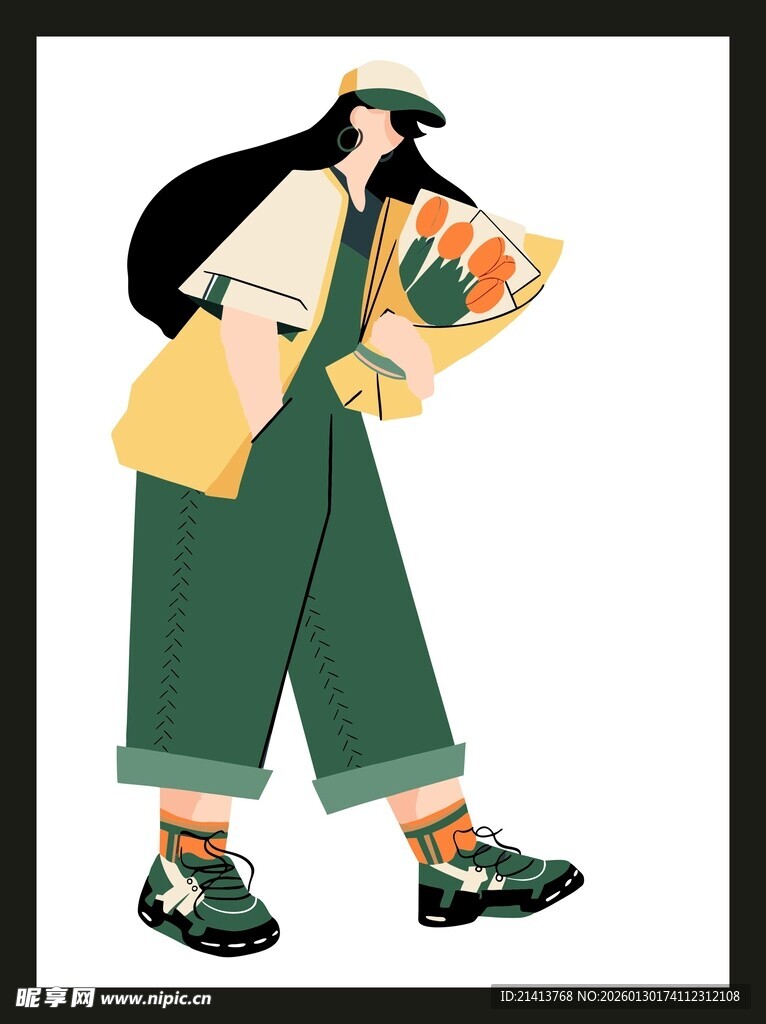 时尚女孩手持花束出行