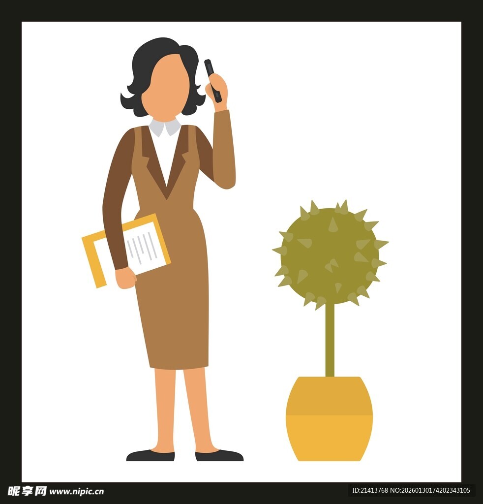 商务女士打电话与绿植相伴