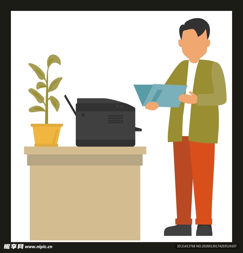 男子在办公桌旁使用打印机