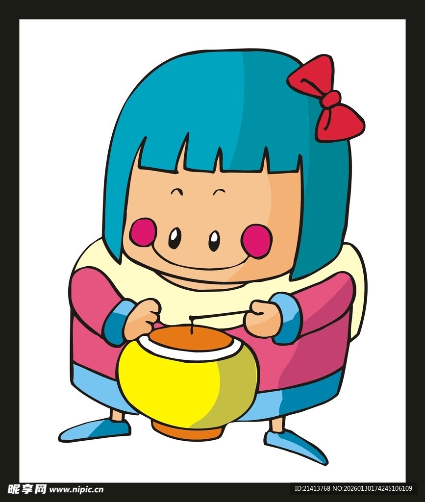 可爱卡通女孩端着黄碗