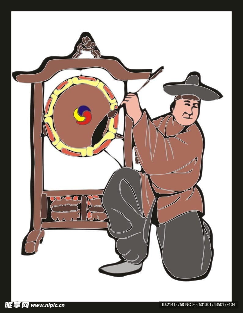 古代敲锣人形象插画
