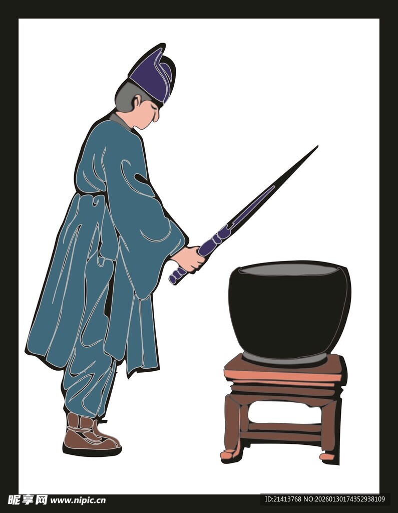 古代人物持剑对大鼎