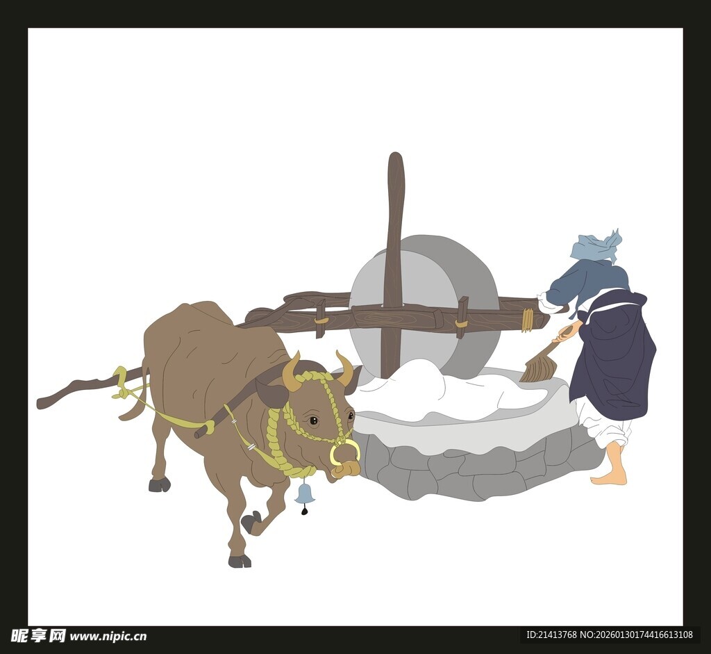 牛拉石磨劳作场景