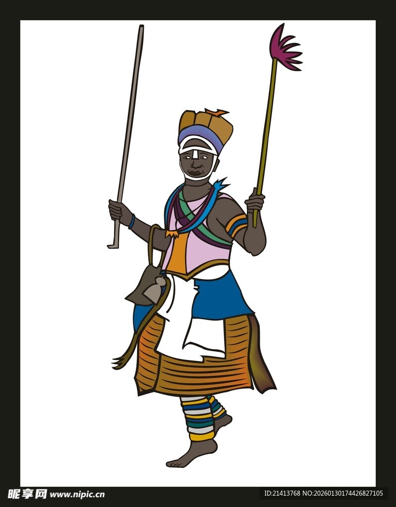 非洲传统服饰持杖舞者