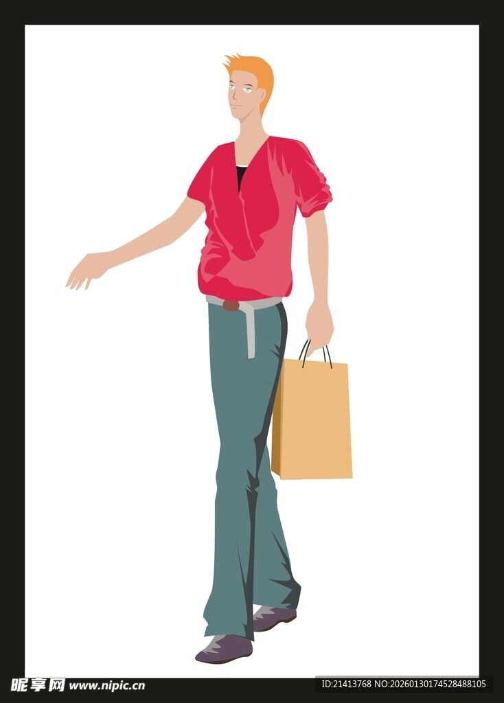 红衣女子购物提袋前行