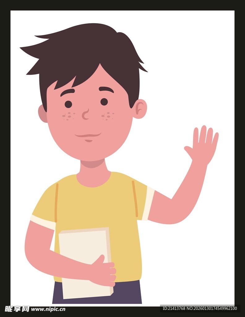 手持书本的挥手男孩
