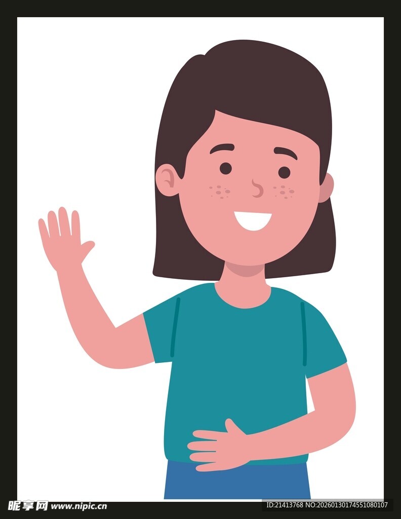 挥手微笑的蓝衣女孩