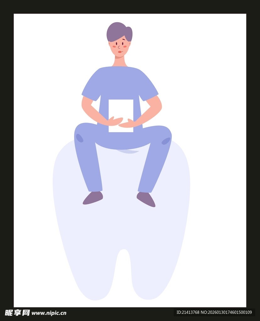 牙科医生坐在牙齿上办公