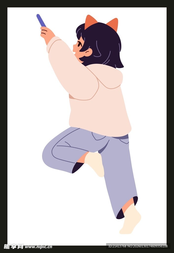 女孩跳跃中用手机自拍