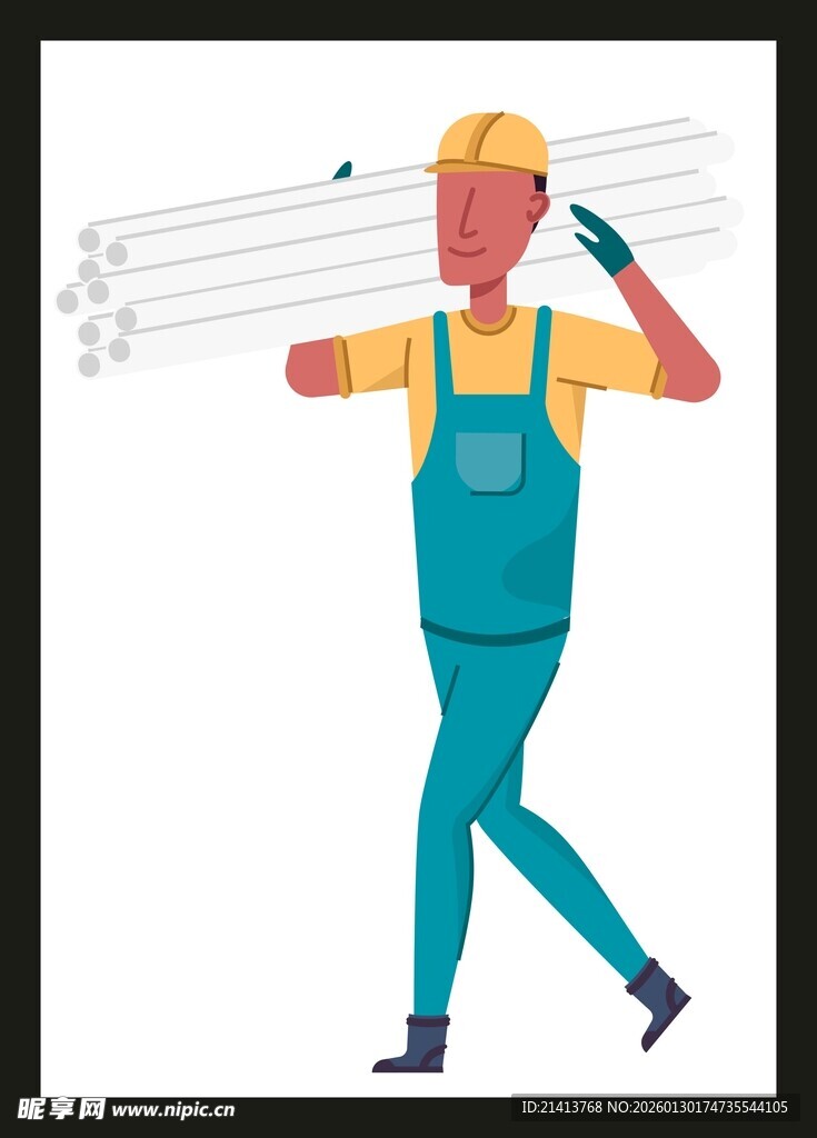 工人扛管材前行