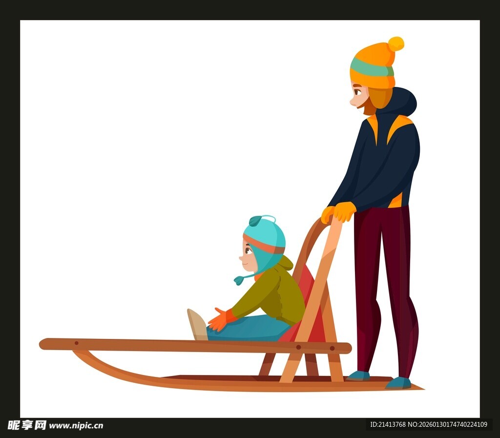 母亲推孩子坐雪橇