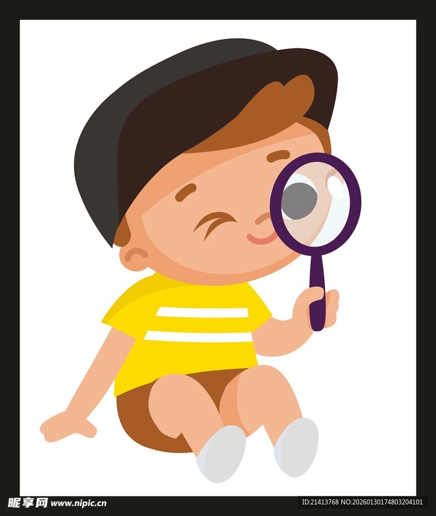 小男孩手持放大镜观察