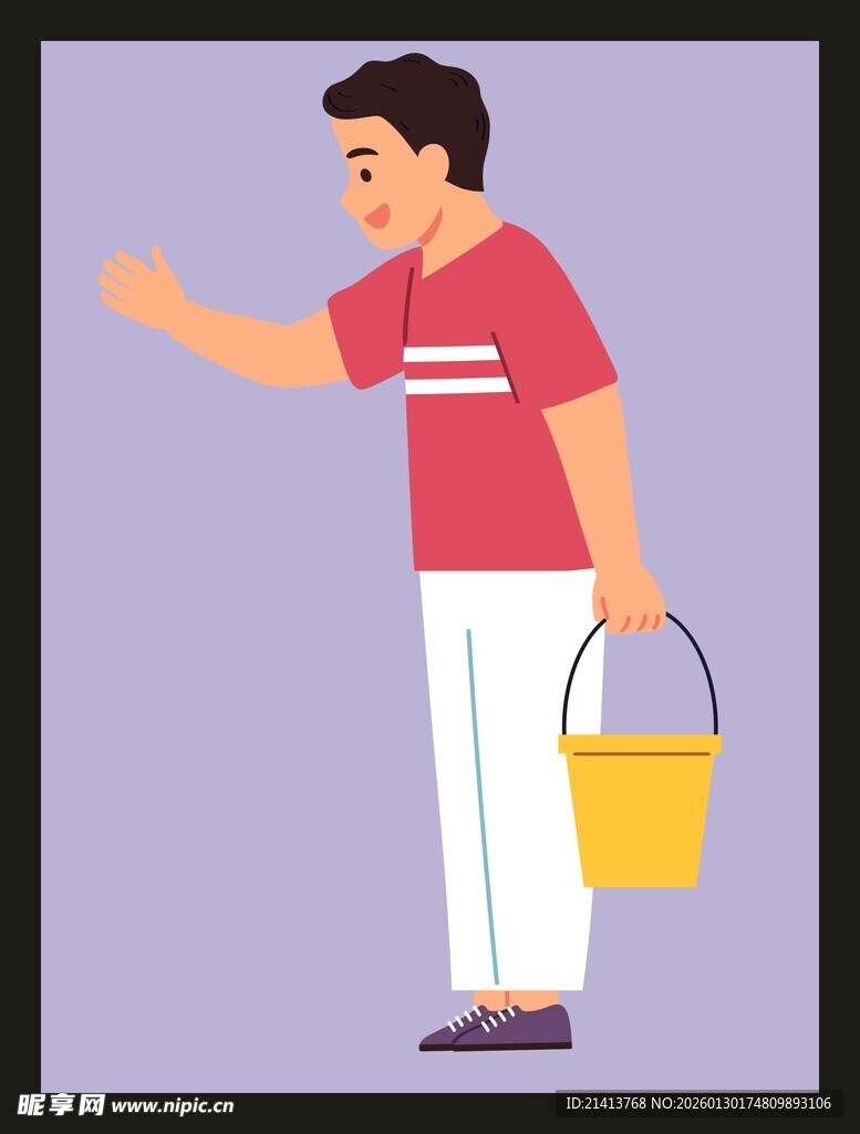 提桶男子打招呼场景