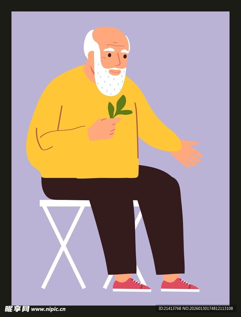 老人手持绿植坐于凳上