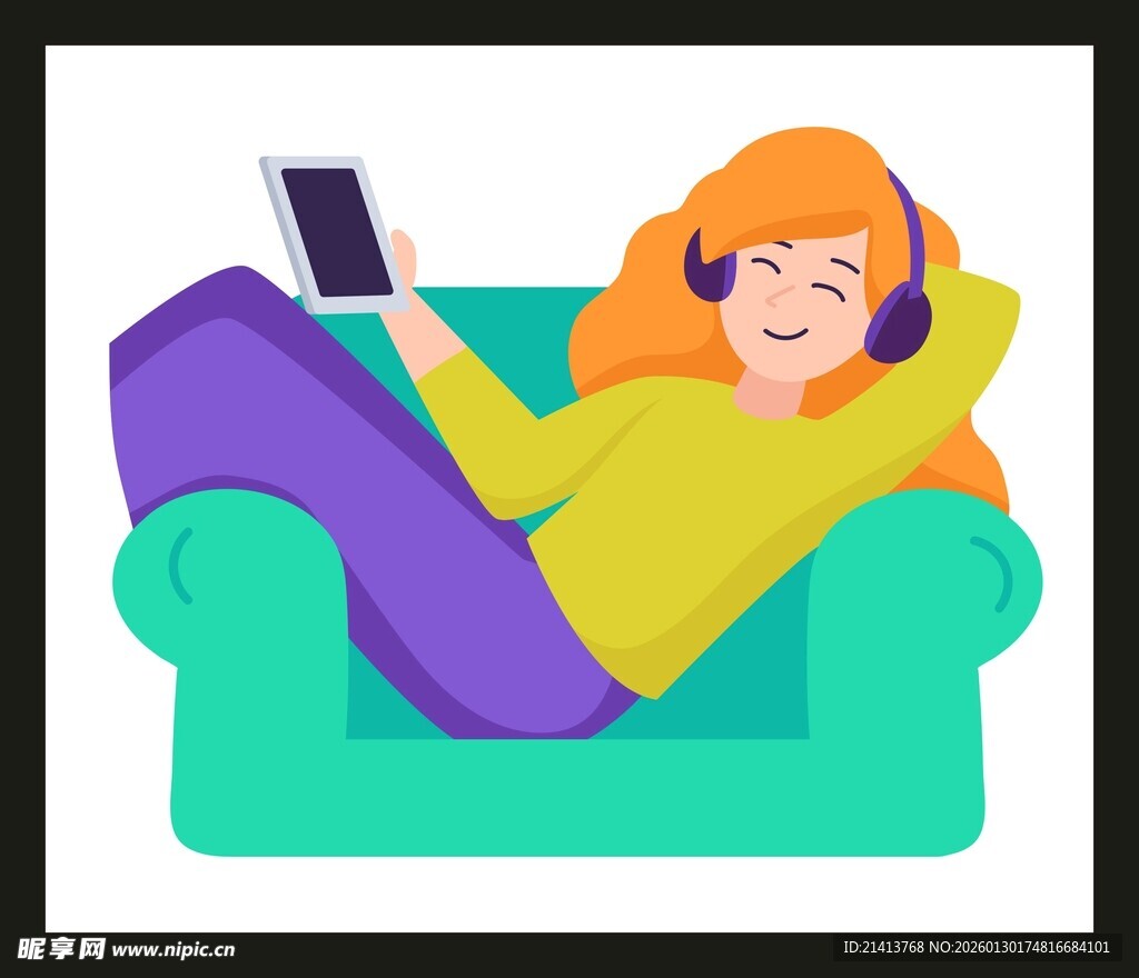 女孩惬意躺沙发用平板听歌