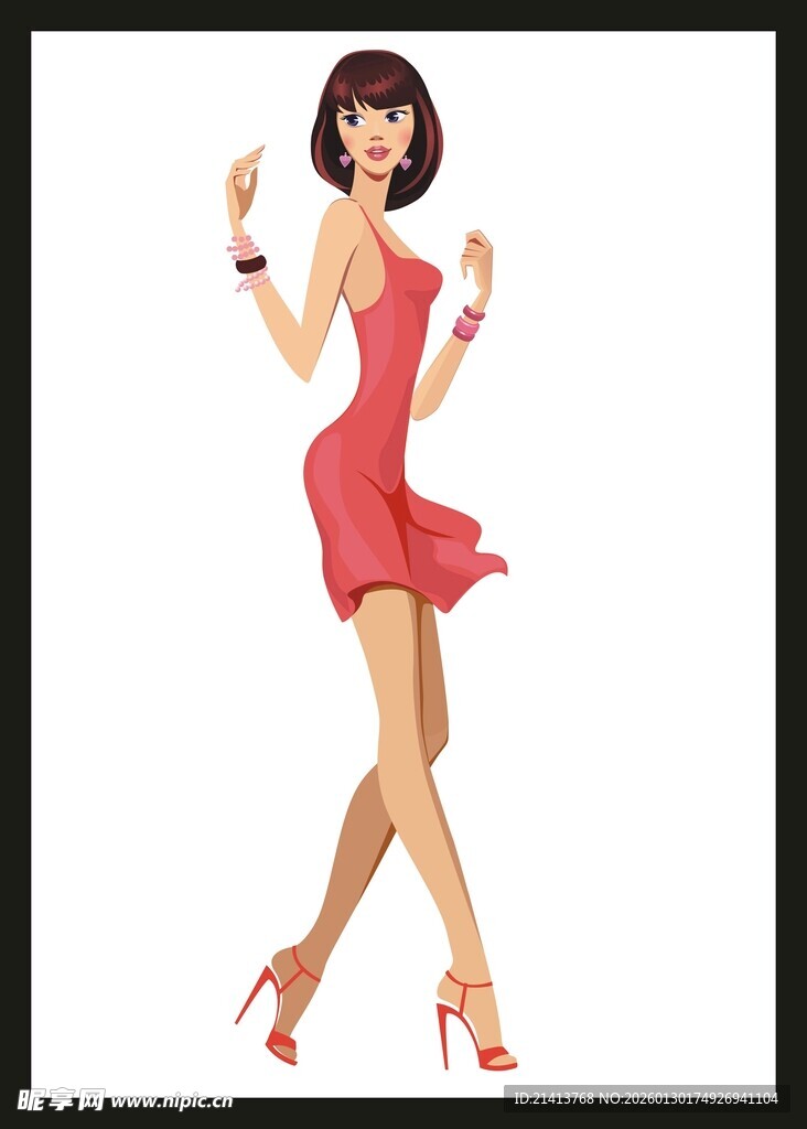 穿红裙起舞的时尚女性