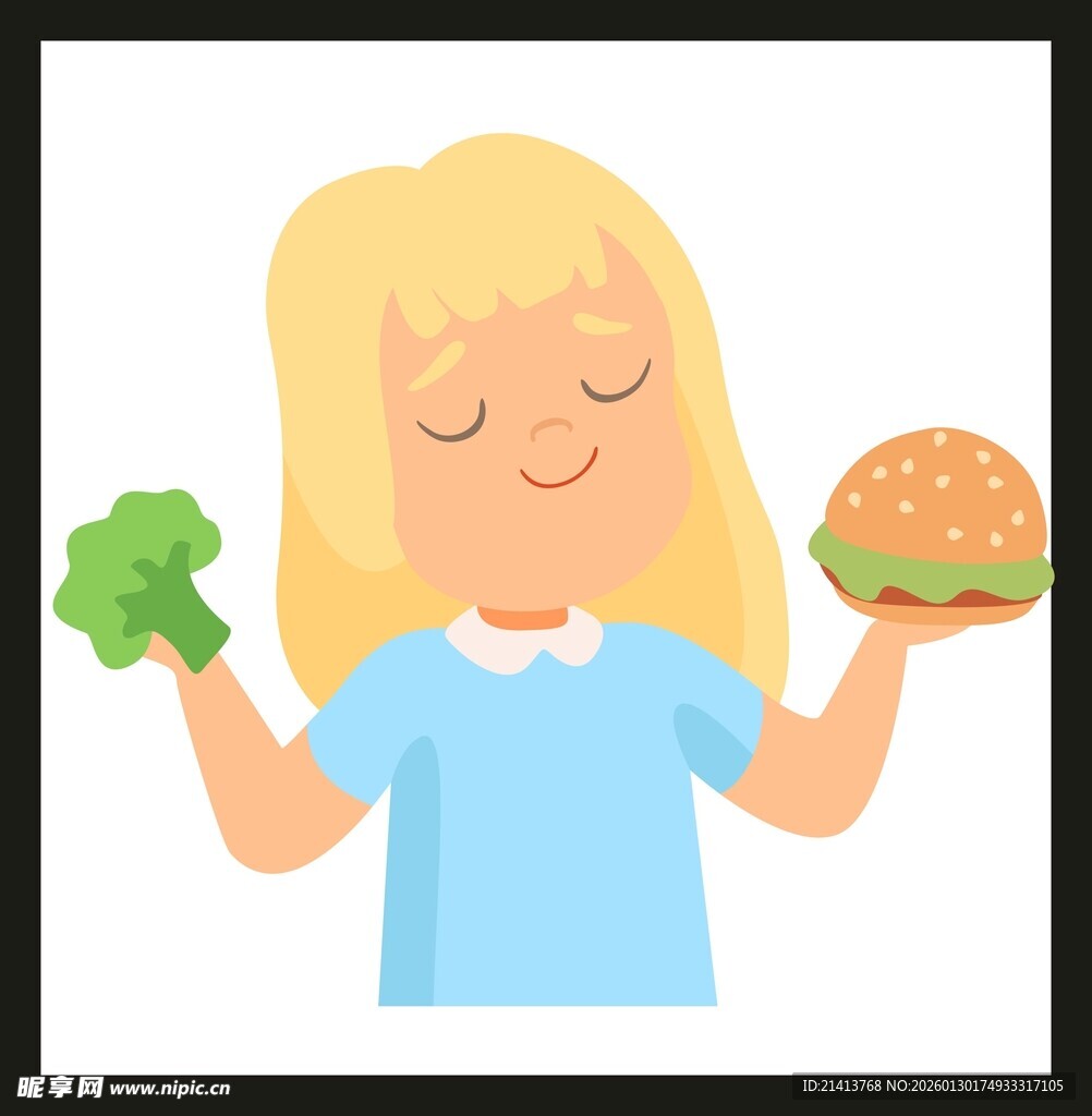 女孩抉择蔬菜还是汉堡