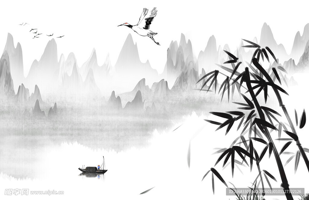 山水风景水墨画插画