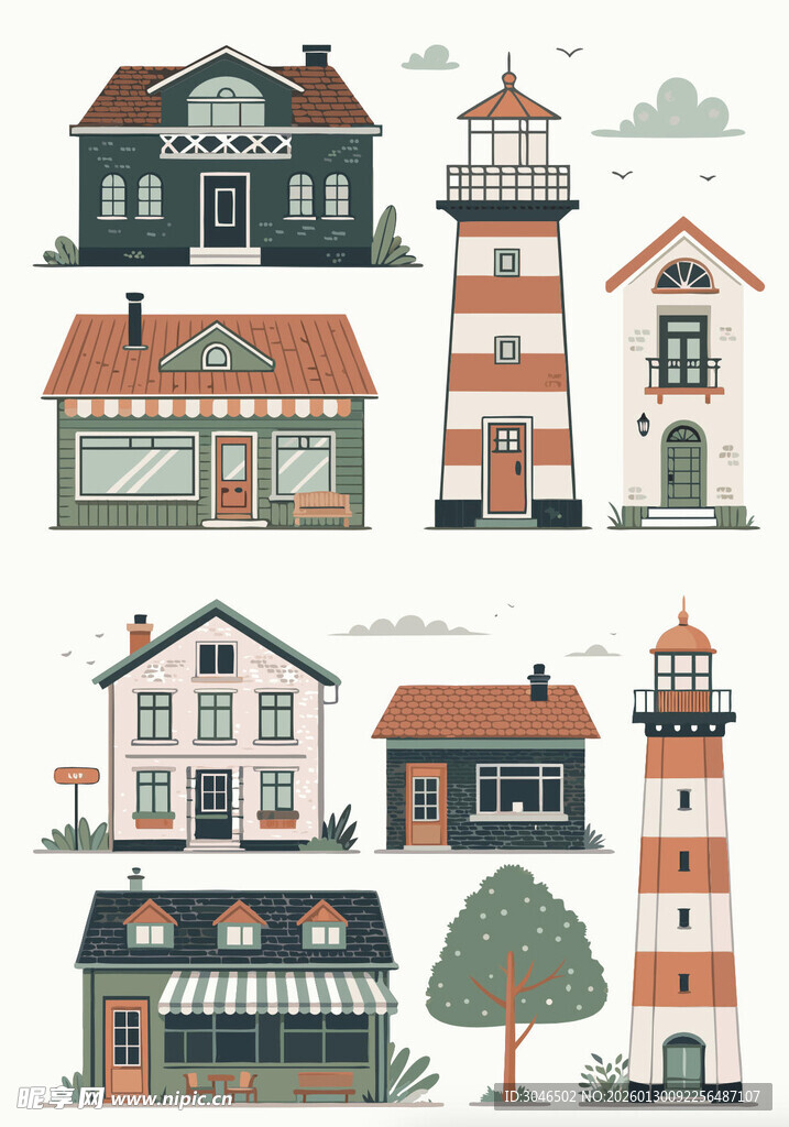 可爱风房屋与灯塔插画