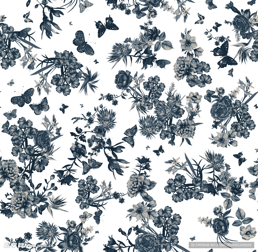 蓝白花卉图案纹理背景