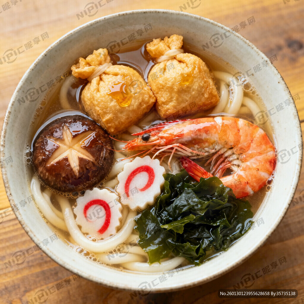 一碗乌冬面 上面有 油豆腐 虾