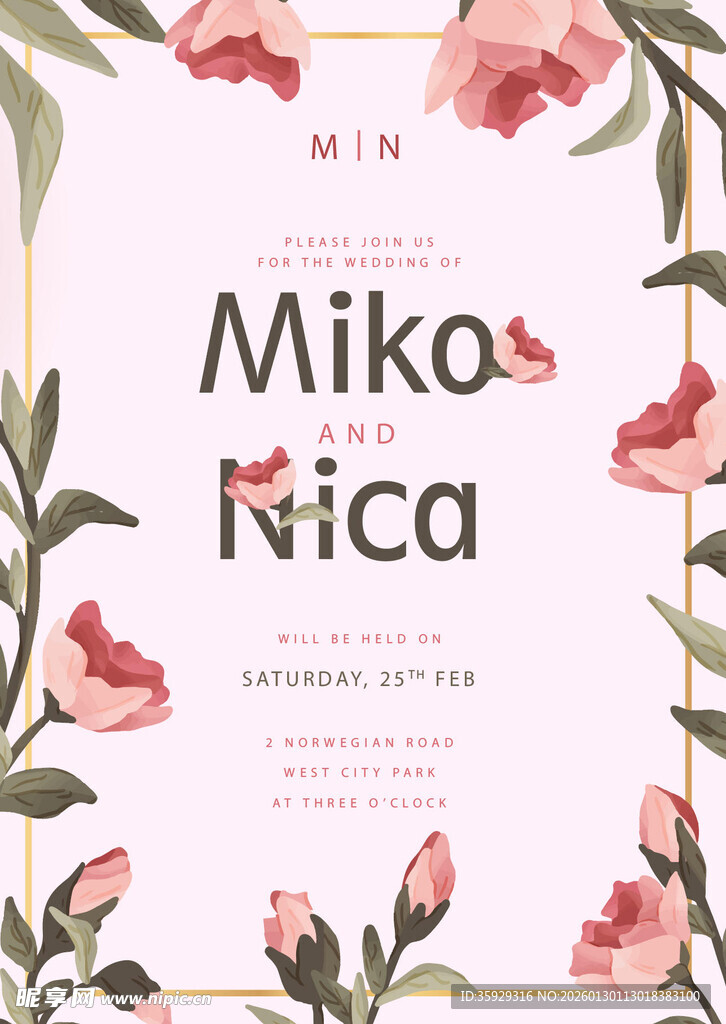 粉色花卉婚礼请柬设计