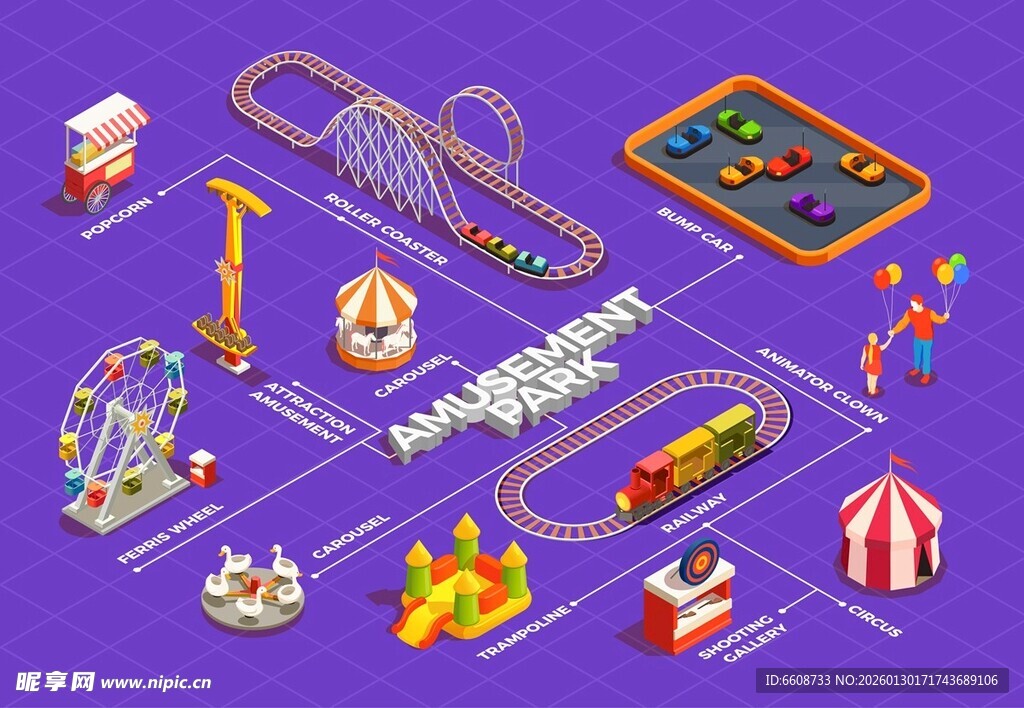 游乐园设施等距风格插画