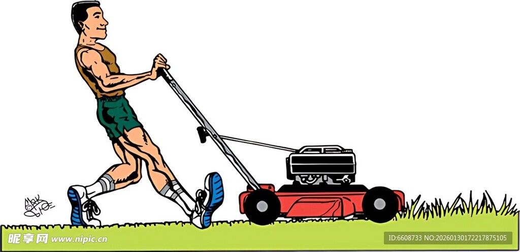 男子推割草机修剪草坪