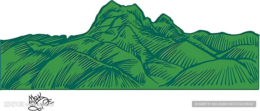 翠绿山峦手绘风景图