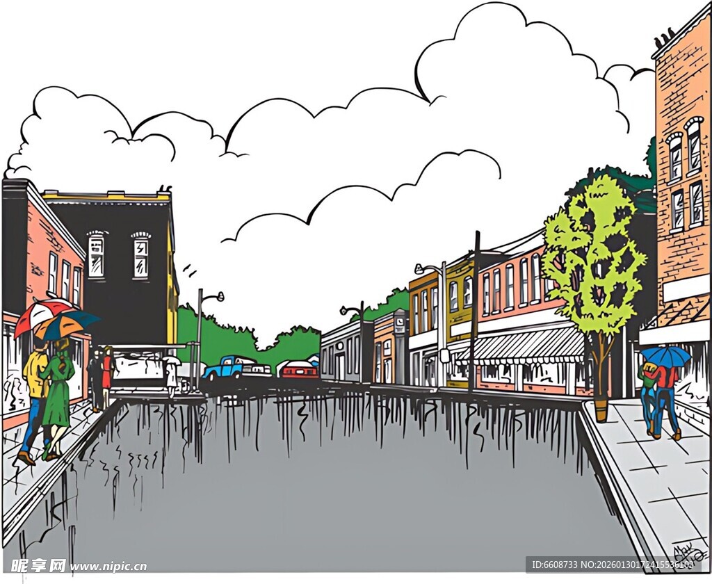 城市街道的手绘风景图