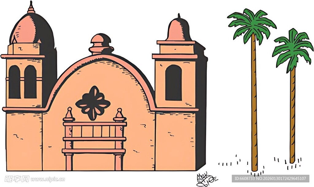 西班牙风格建筑与棕榈树