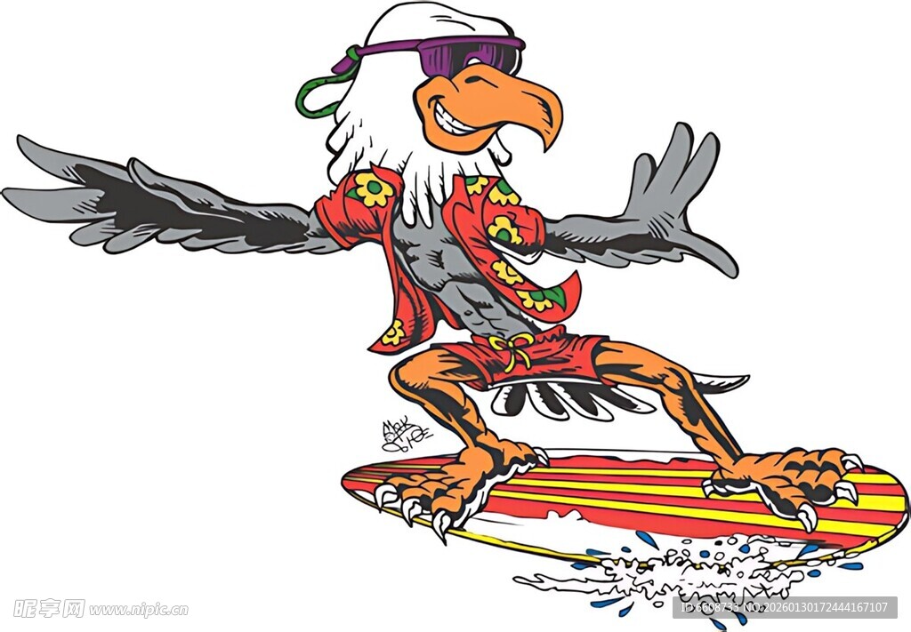 卡通鹦鹉冲浪欢乐瞬间