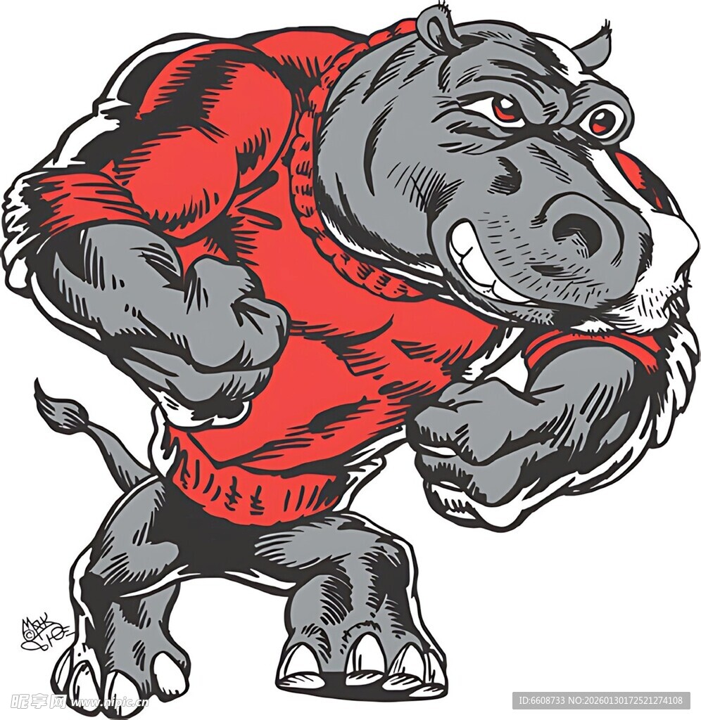 红色强壮河马卡通形象