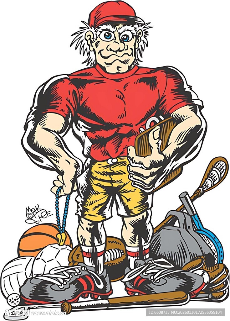 强壮清洁工与各类清洁工具