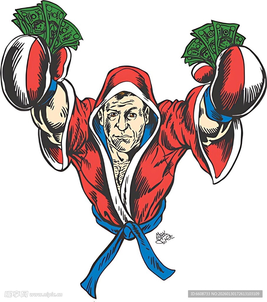 圣诞老人拳击手挥舞钞票