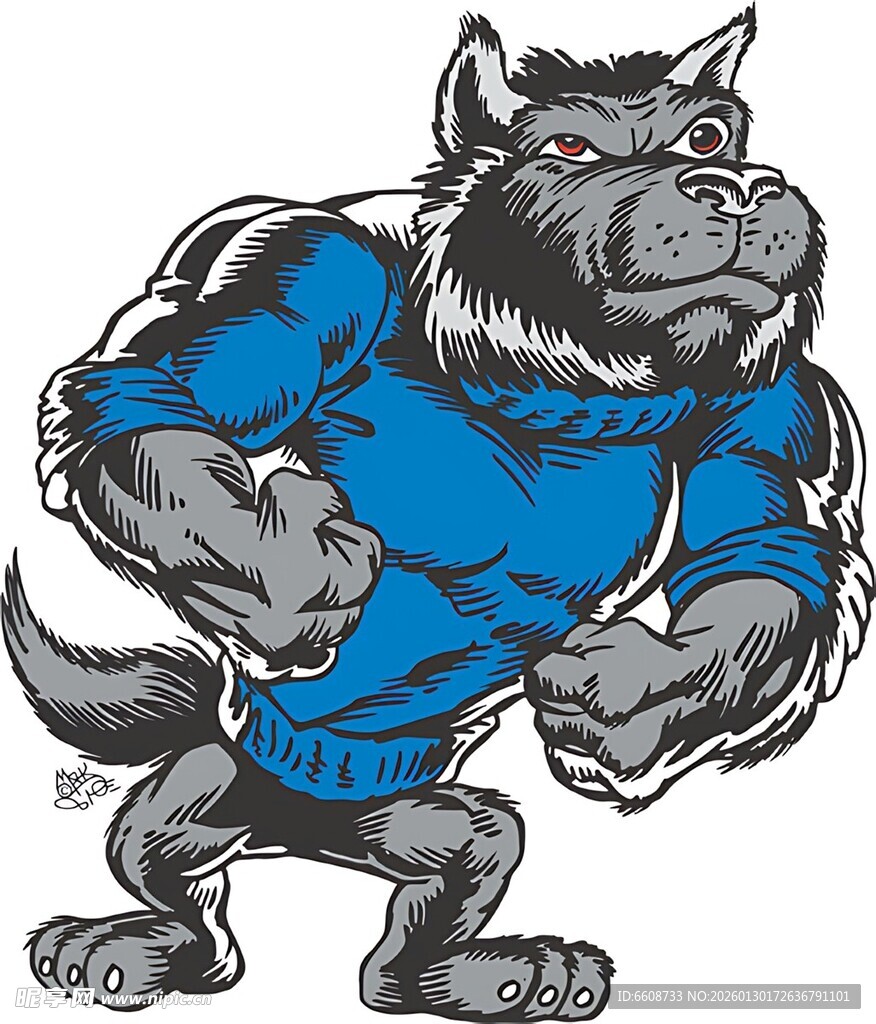 穿蓝衣的狼形卡通吉祥物