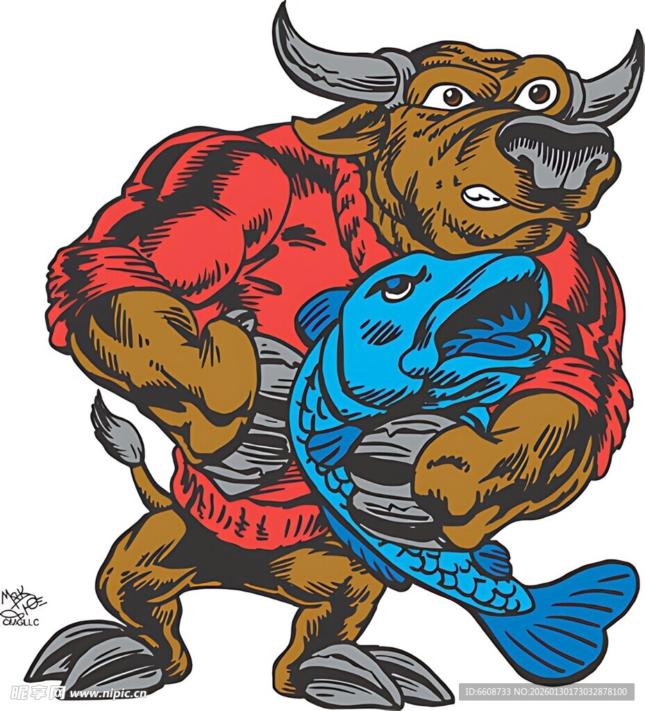 公牛抱大鱼卡通形象