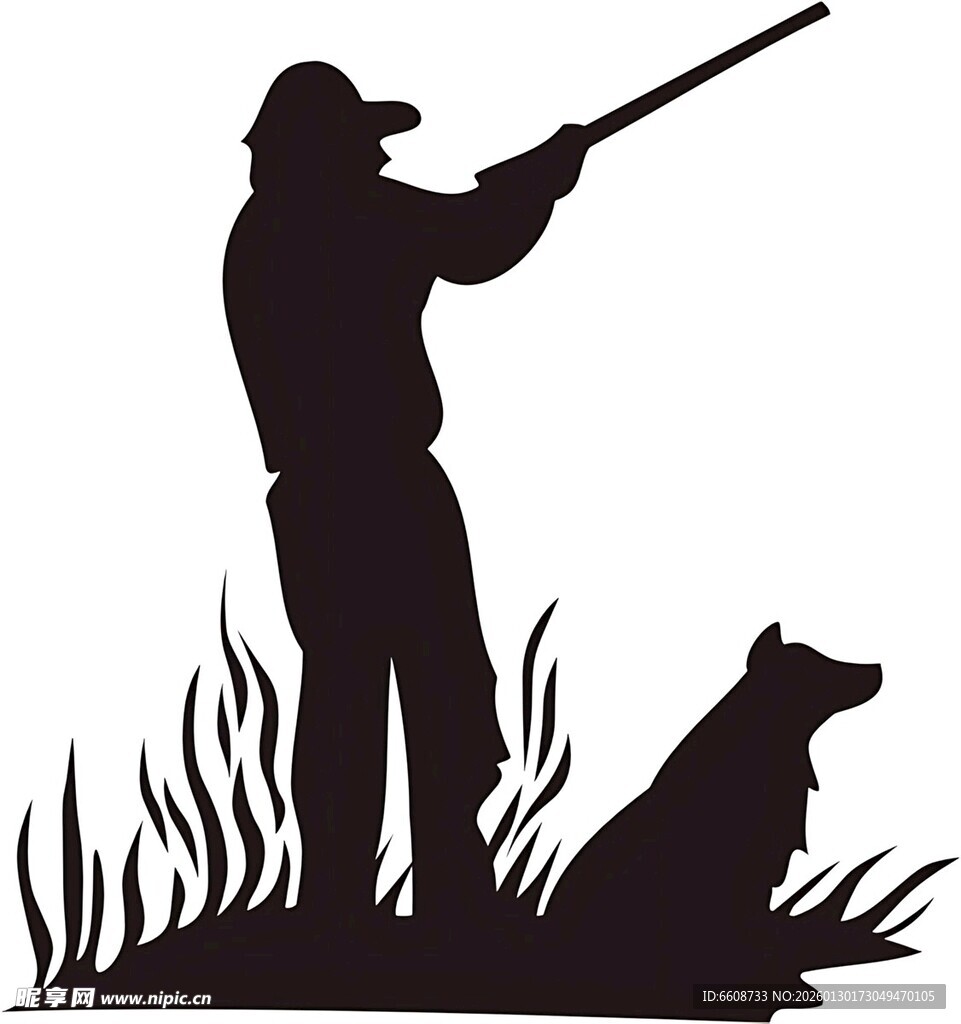 猎人携犬狩猎剪影