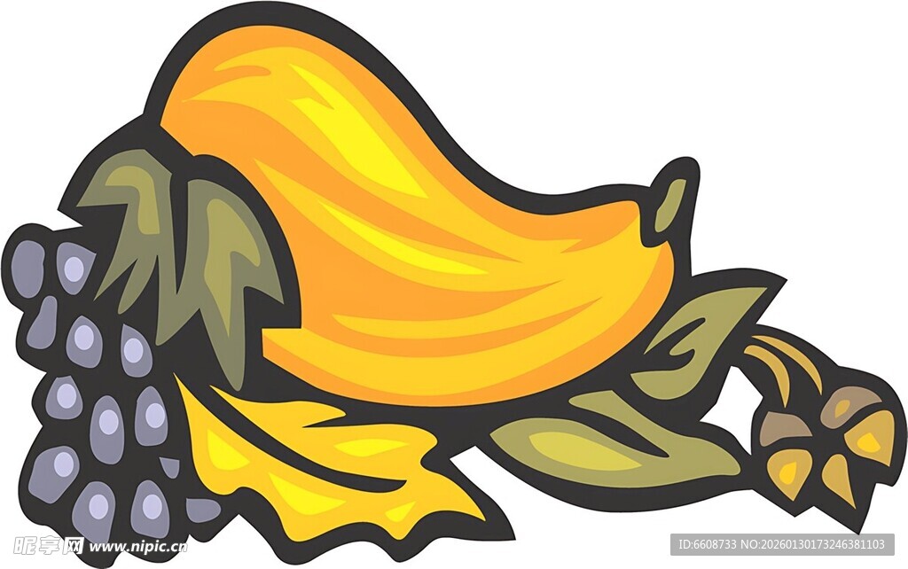 黄色南瓜与紫色果实插画