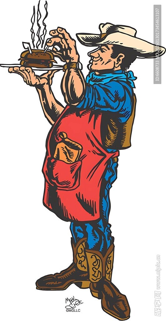 西部牛仔端菜形象插画