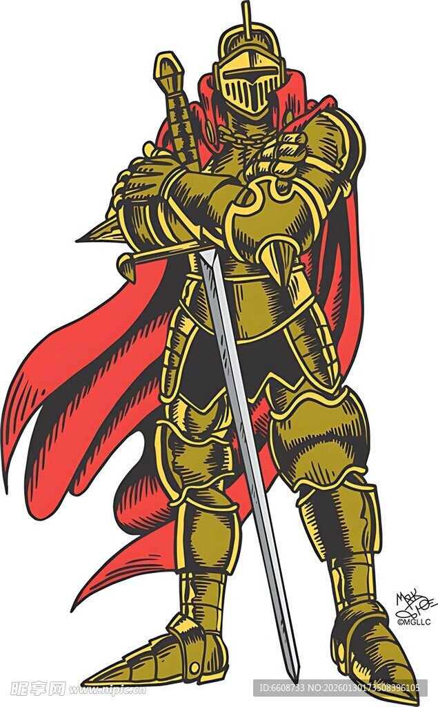 英勇金甲骑士持剑而立