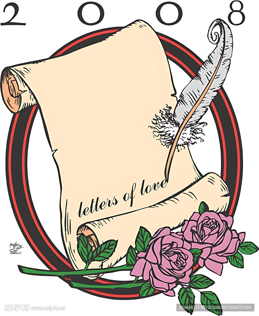 复古卷轴与玫瑰浪漫画面