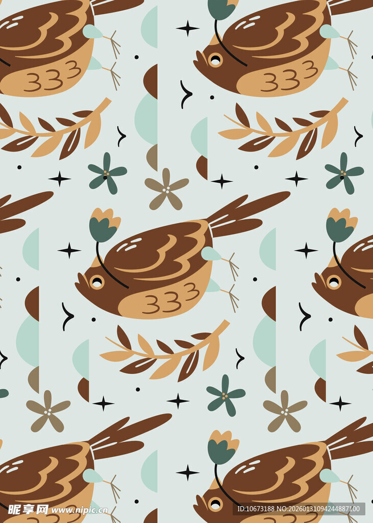 小鸟与枝叶的清新图案