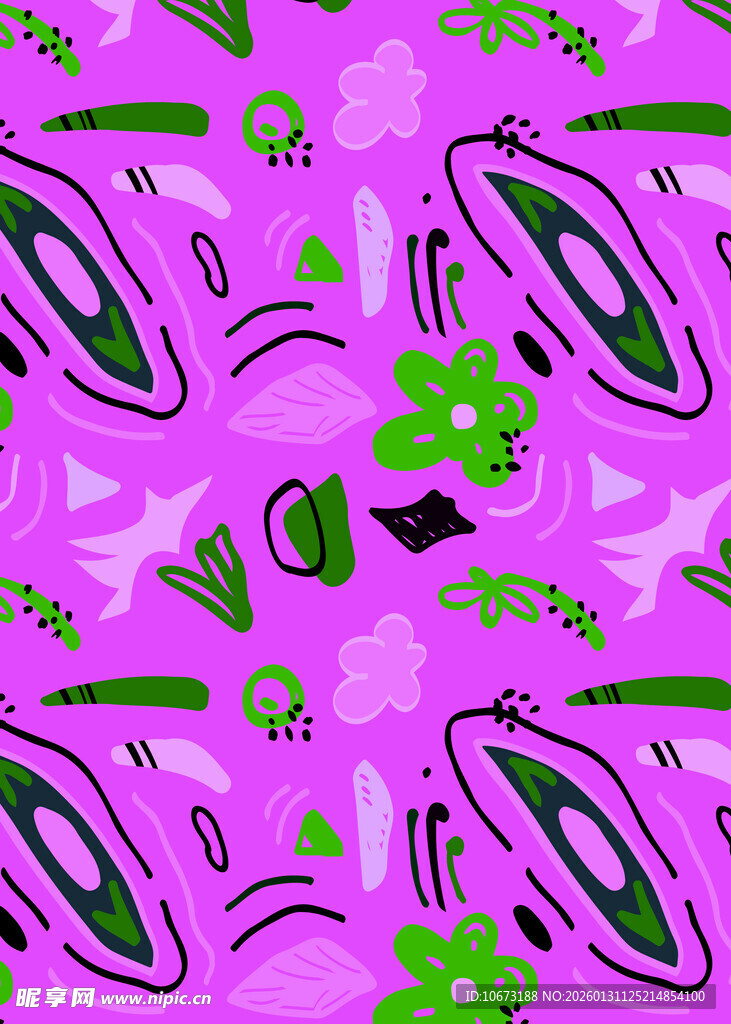 紫色背景几何绿植图案